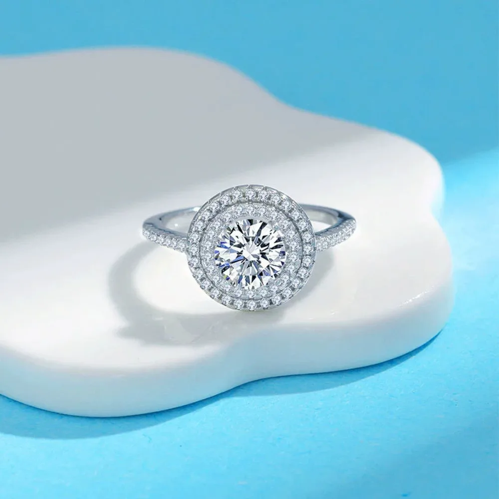 JH 925 فضة معبد بالكامل خاتم للنساء D VVS1 مويسانيتي جولة مرصع السماء المرصعة بالنجوم خاتم الزواج الزركون #3