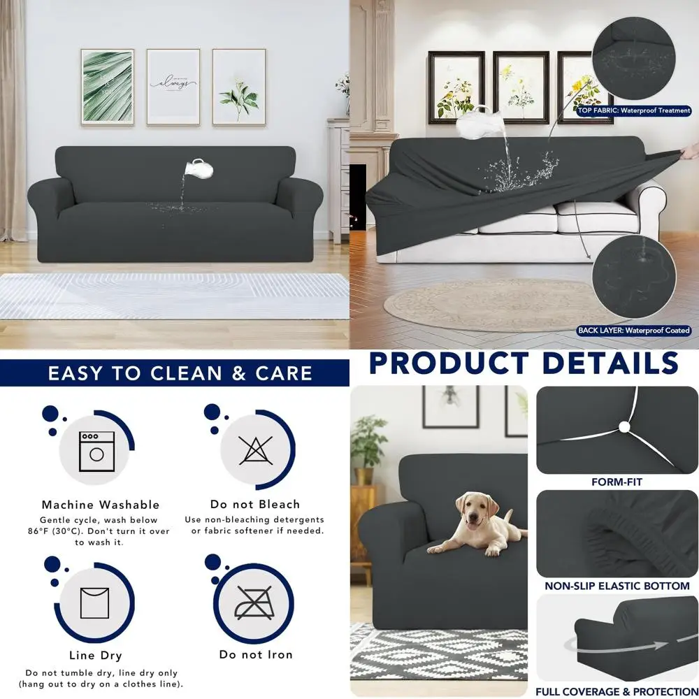 

100% водонепроницаемый чехол для дивана PureFit — эластичный флисовый, нескользящий, моющийся чехол для больших диванов, детей и домашних животных (темно-серый)