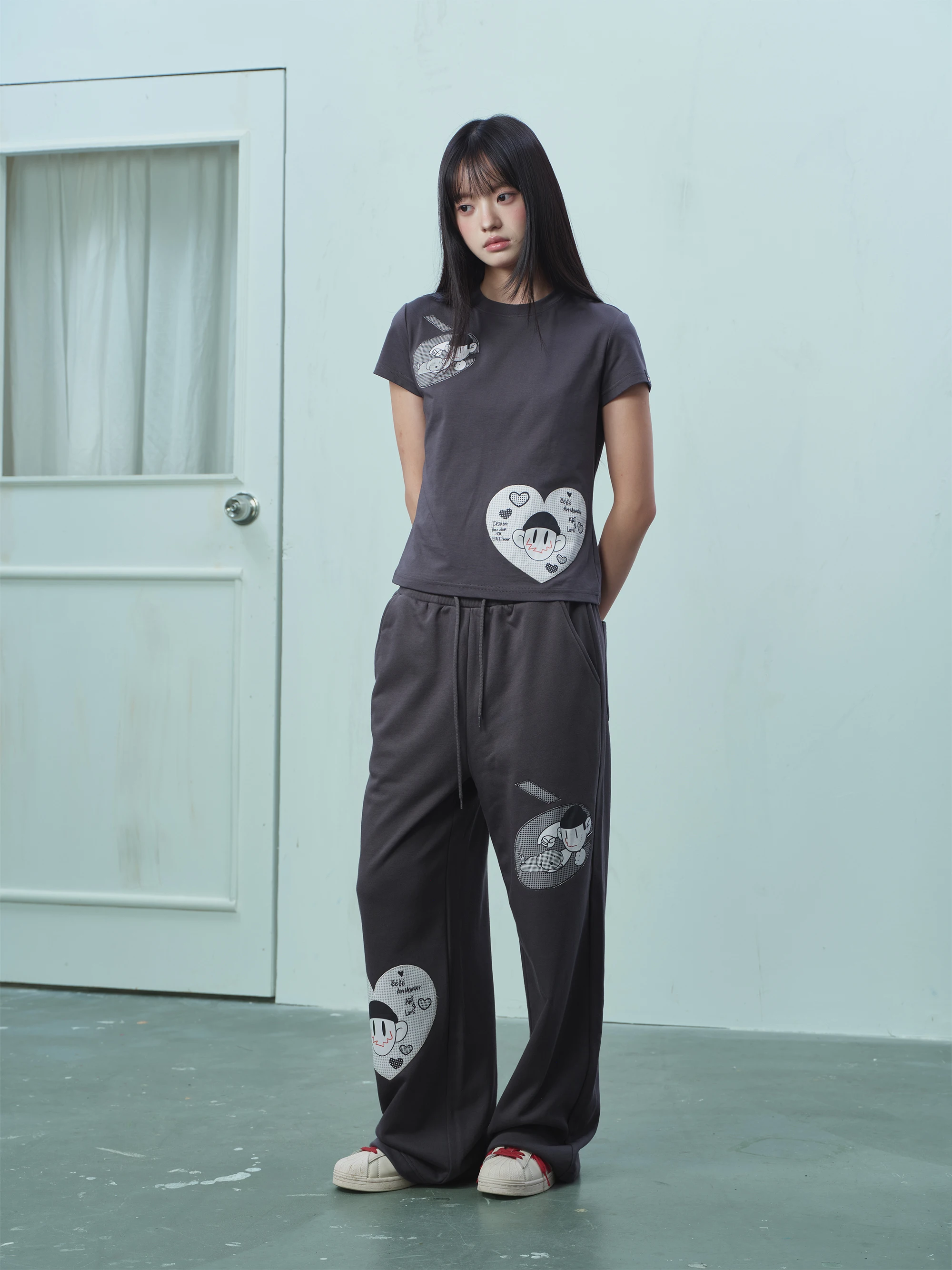 Sweet Heart Patch Long Pants Drawstring Sweatpants Sporty Trousers Comfortable Cotton Polyester Blend Printed Polka Dot Pattern
