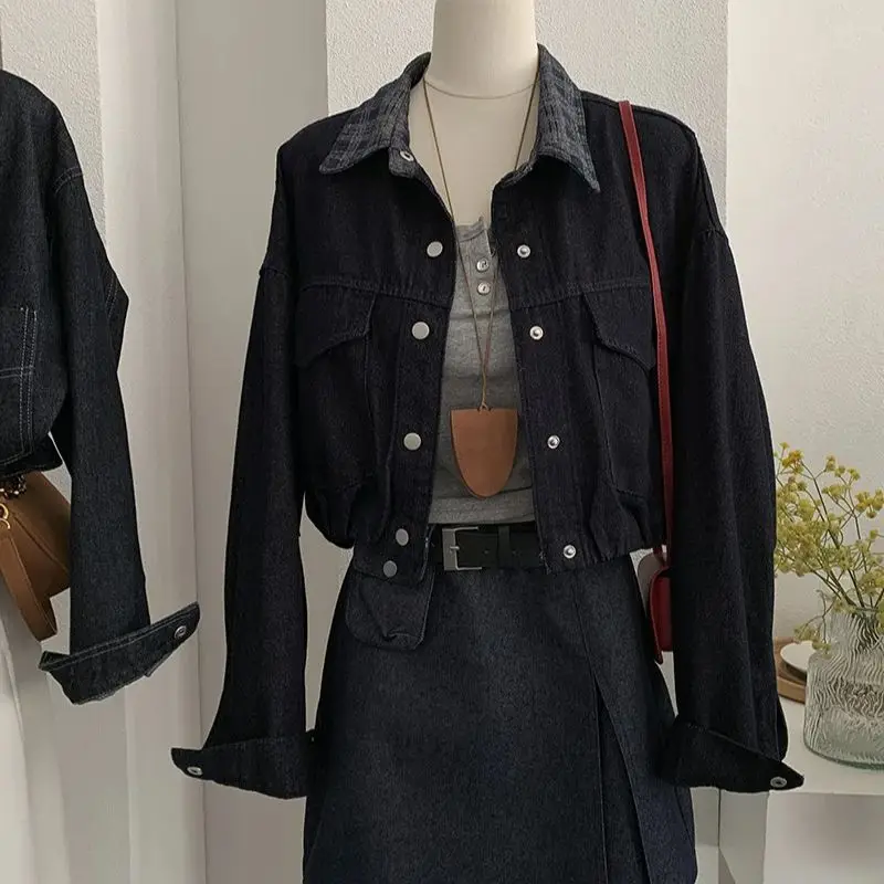 

Джинсовая куртка в клетку с отложным воротником в стиле пэчворк для женщин, корейское повседневное универсальное короткое пальто, модный однобортный топ