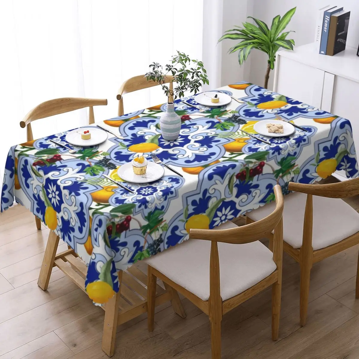 Sicilian Summer Fruit Lemon Citrus Tiles Tablecloth Rectangular Waterproof Table Cloth Cover for Party