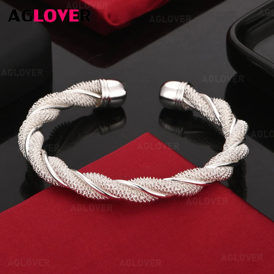 

AGLOVER 925 Sterling Silver Water Ripple Double Twist Braid Open Bracelet Woman Elegant Noble Birthday Gift Jewelry