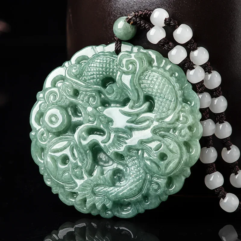 

Natural A Cargo Emerald Bean Green Handicraft Dragon Pendant Boutique Jewelry Men's and Women's Twelve Zodiac Jade Necklace