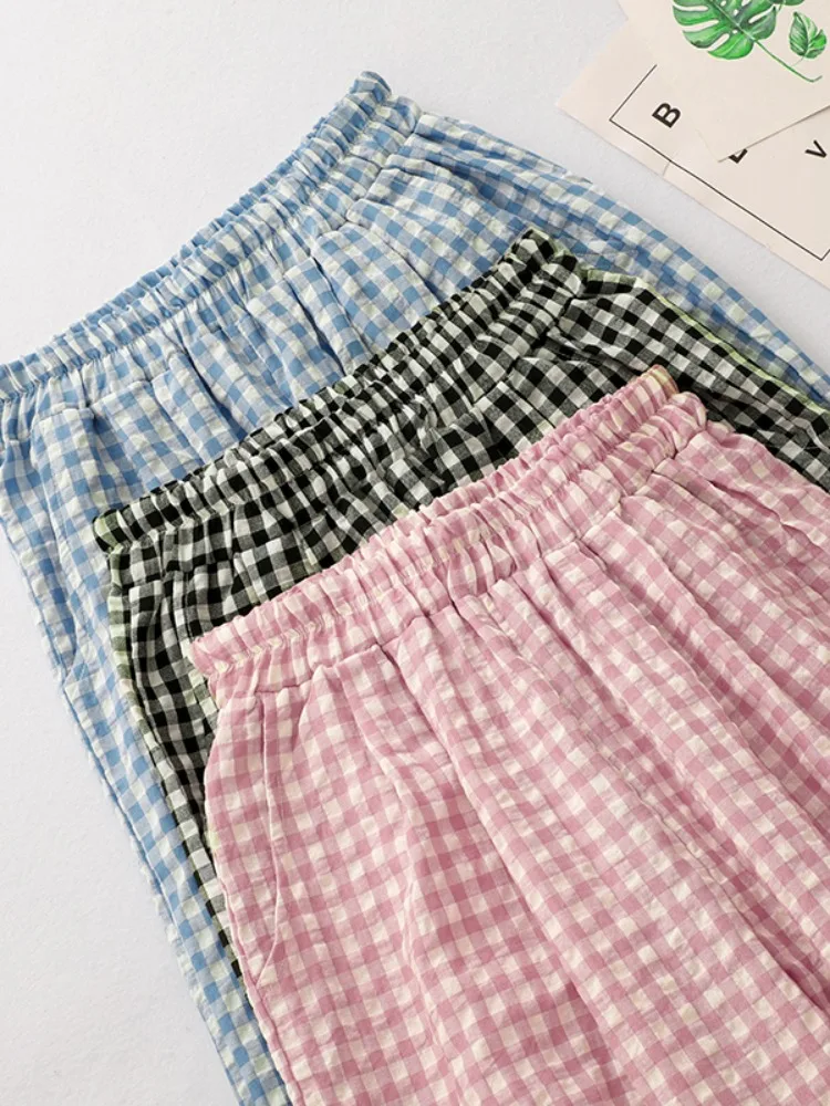 Summer Thin High Waist Straight Leg Wide Leg Pants Women's Casual Ice Silk Checks Pattern Large Size Leisure Sumi Pants