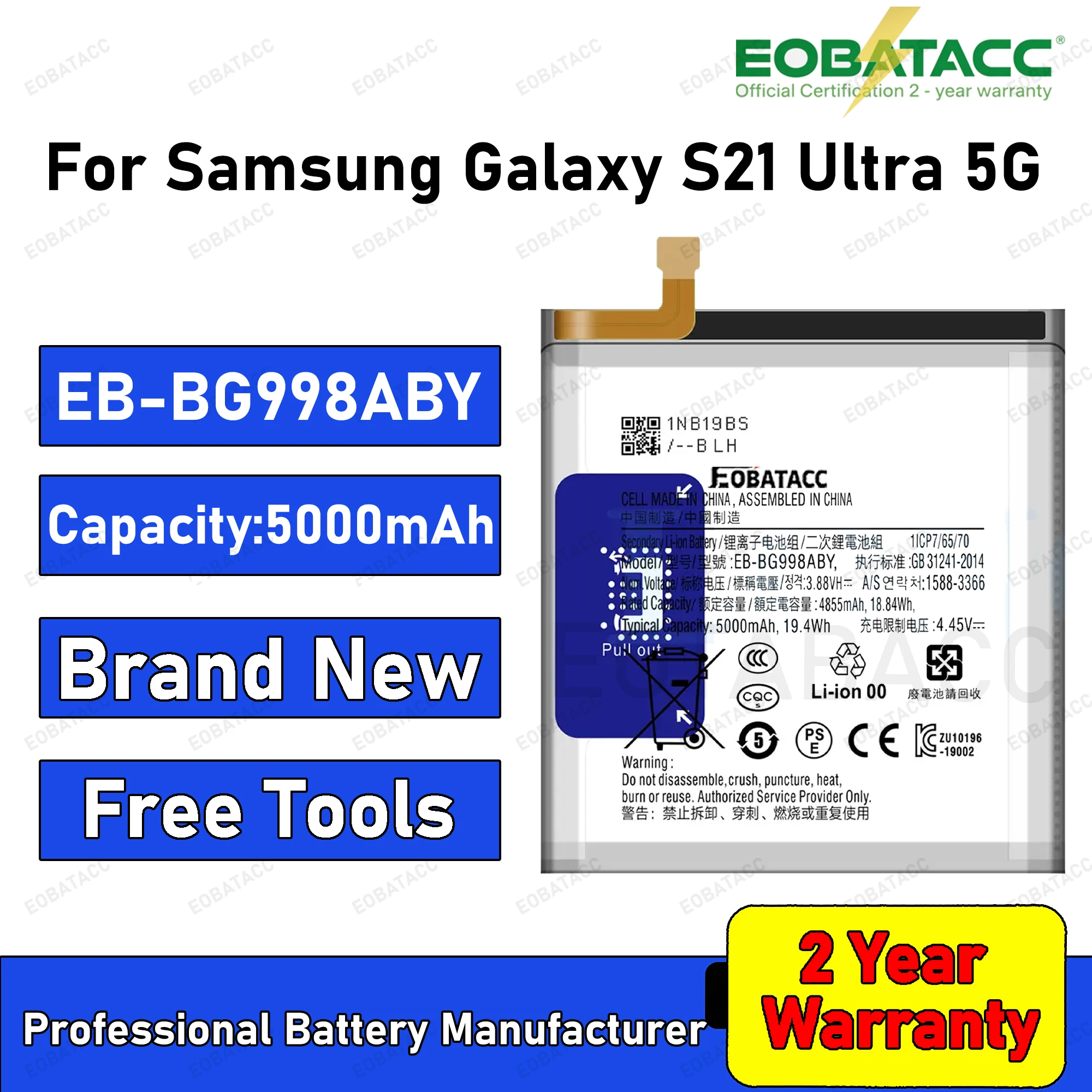

2025 Years EOTABACC For Samsung S21 Ultra 5G EB-BG998ABY mobile phone battery replacement, send tools