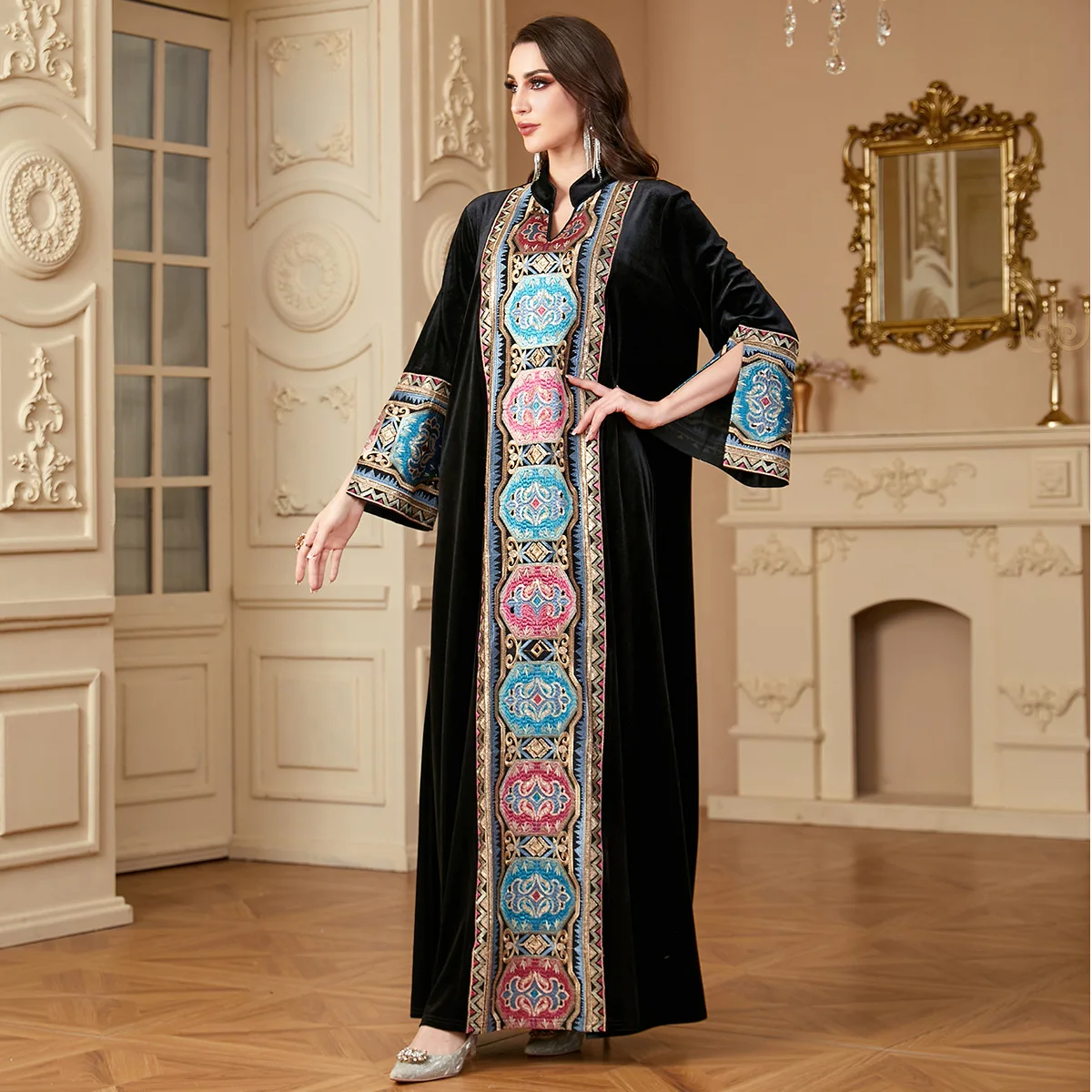 Velvet Abayas Long Sleeve for Warm Women Muslim Embroidery Maxi Dress Turkey Kaftan Islamic Clothing Musulmane Femme Vestidos