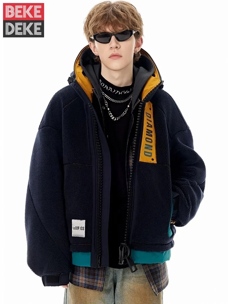 Winter Mens Thick Warm Hooded Down Jacket Spliced Oversized Hip Hop Overcoat New Designer Streetwear Loose Fit Outwear Down Coat