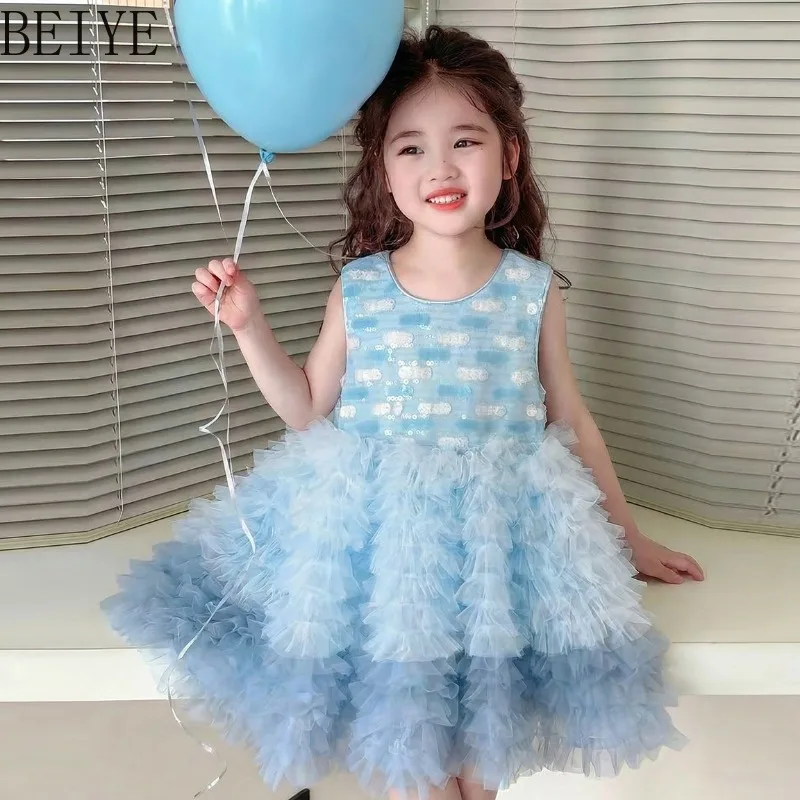 

Super Fairy Girls Summer Mesh Dress Sleeveless Sweet Princess Style Fluffy Dress Children New Design Sleeveless Cake Dress