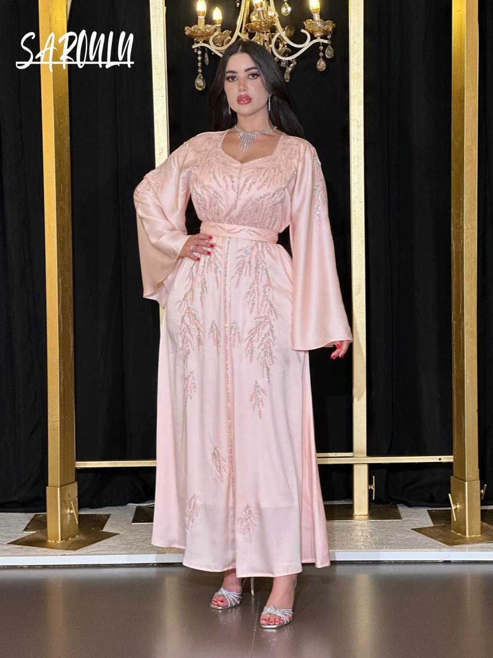 

Romantic Pink Caftan Evening Dress Customized A Line Dainty Celebrity Banquet Arabic Prom Gown Kaftan Women Party Robe