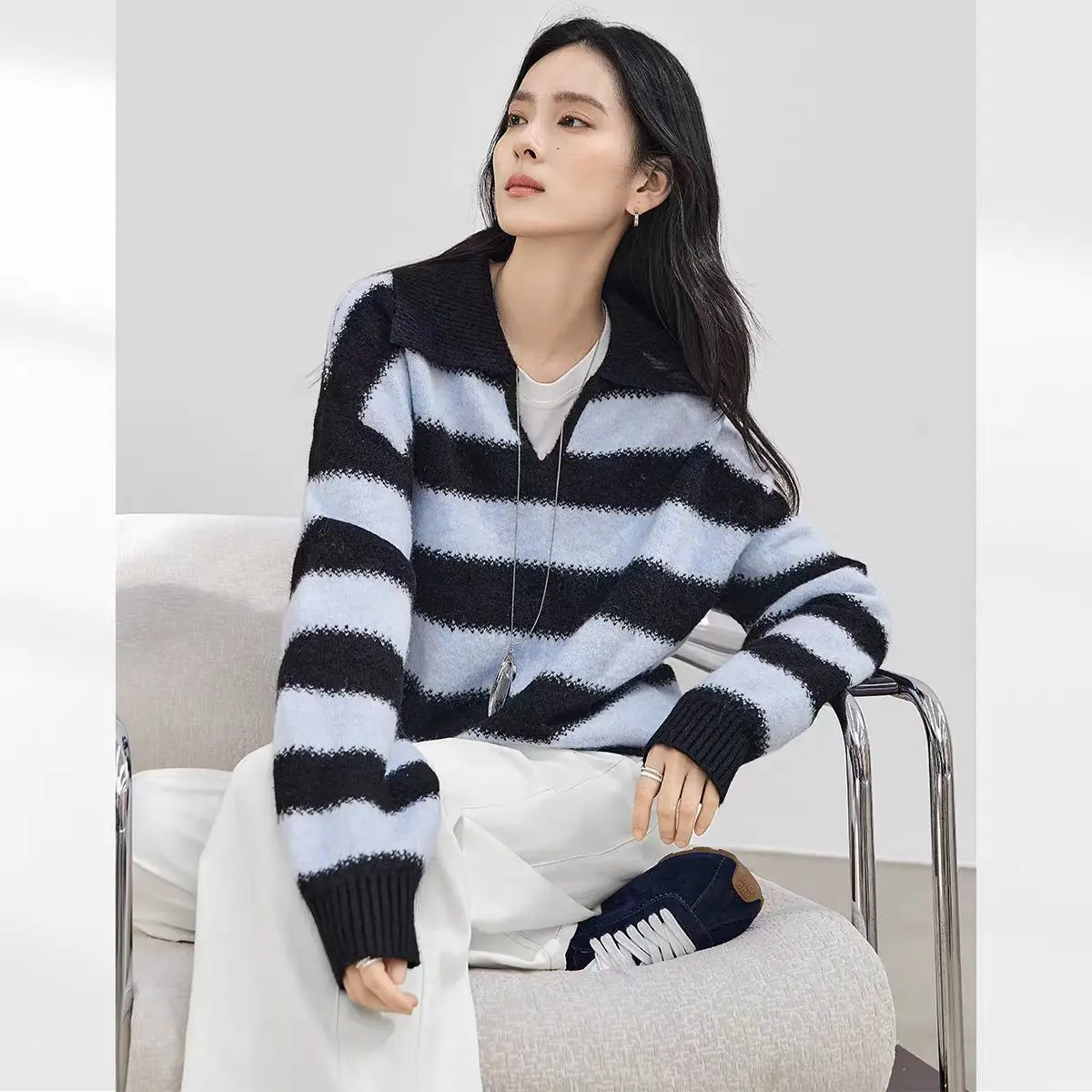 

Мягкий вязаный свитер в полоску, осень-зима 202, дизайн с воротником с лацканами, прибрежная бабушка, эстетичная женская мода большого размера