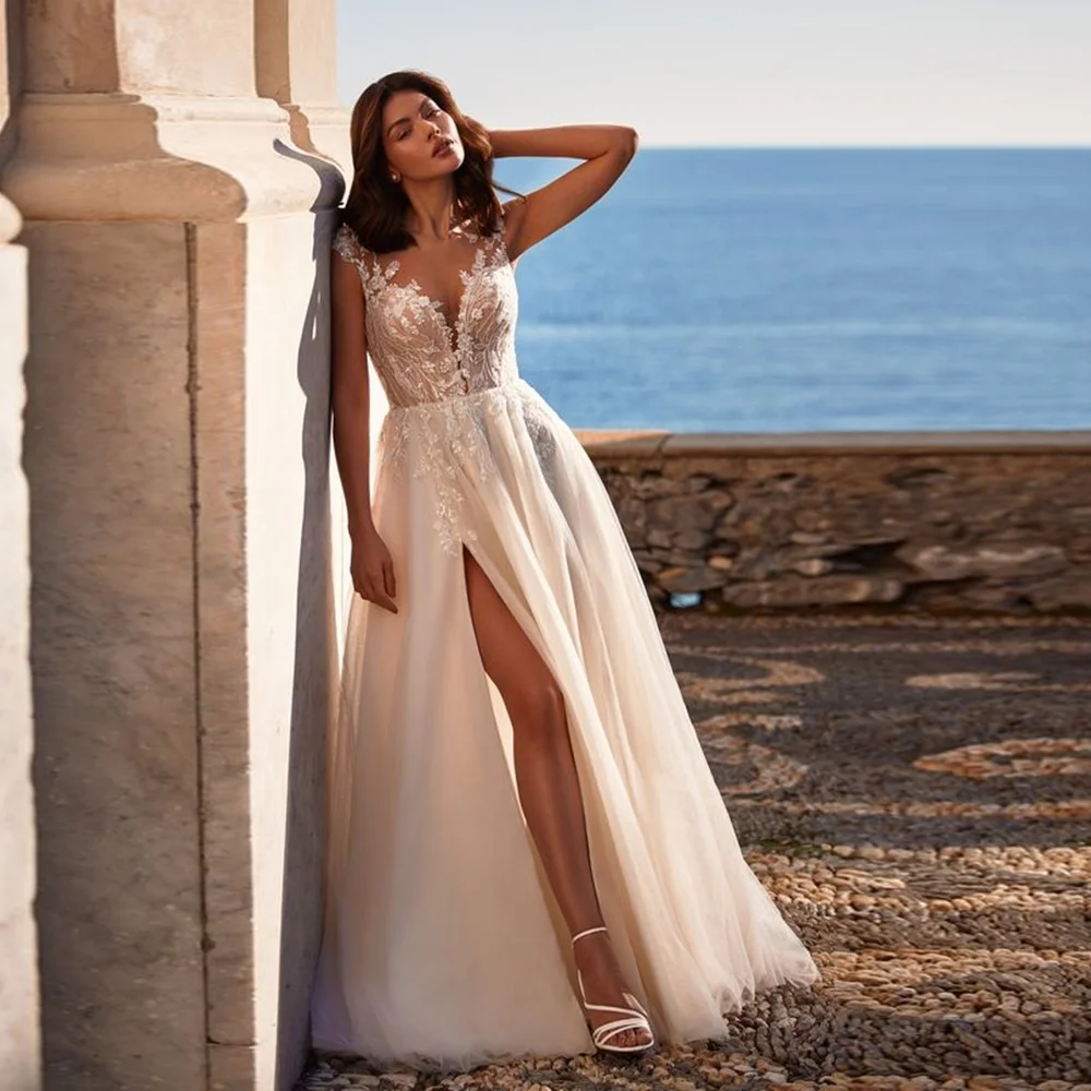 

Customized Graceful Sheer Neck Tulle Weeding Party Dress Appliques Lace Court Side Slit Wedding Bridal Gown Vestido De Novia