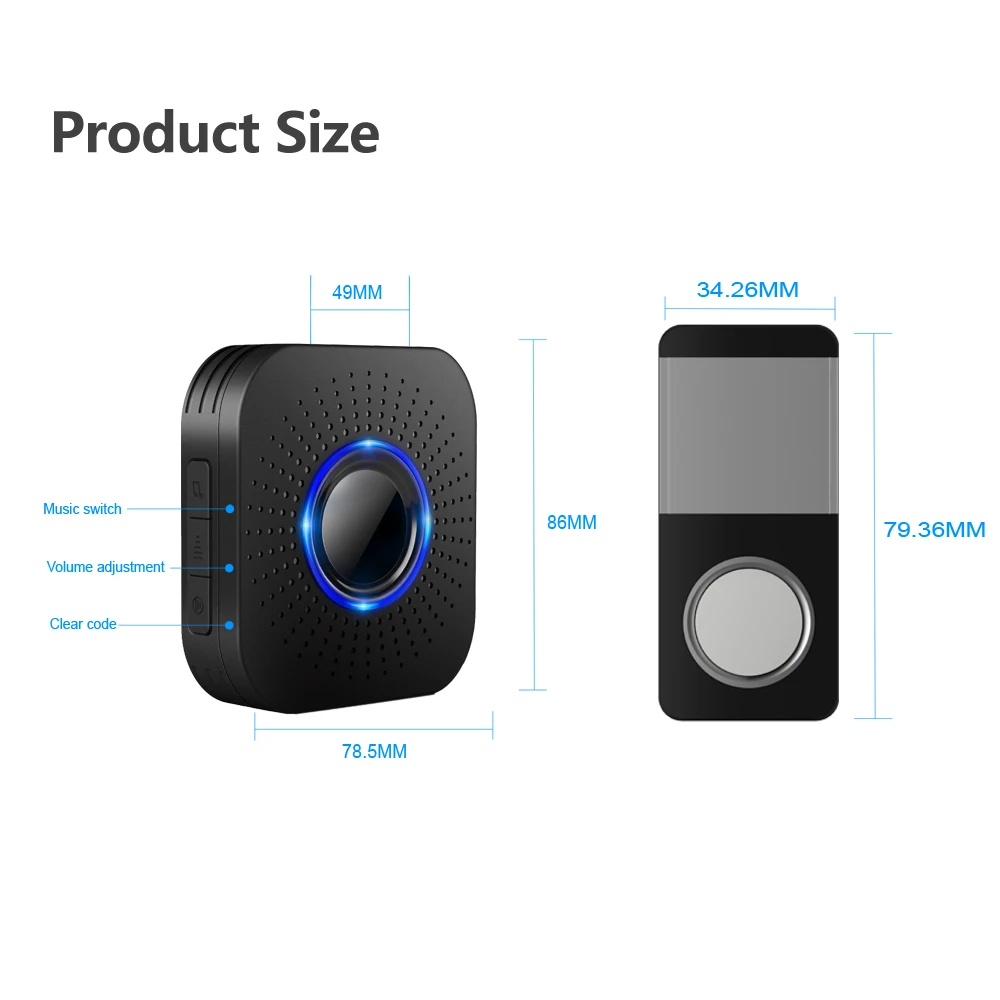 Campainha de boas-vindas sem fio de longa distância, 200m, 58 melodias, auto-potência, botão de alarme de segurança doméstica, anel de porta, plugue ue/eua/reino unido opcional