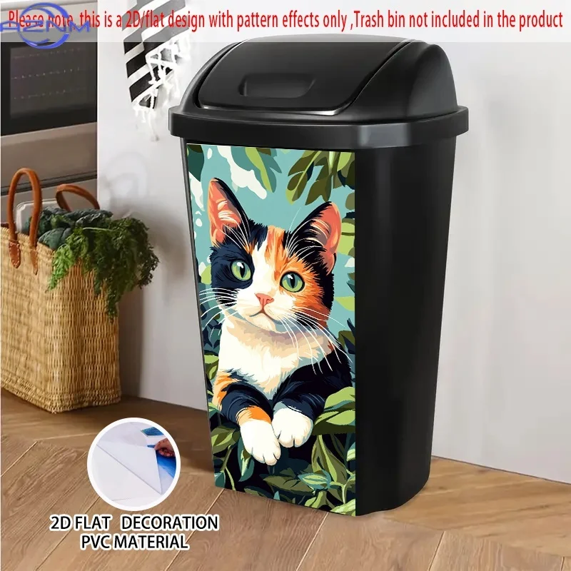 1pc Self-Adhesive Decorative Sticker - Calico Cat & Green Leaves Design, Durable PVC .01x cm, Easy Peel & Stick for Trash Bins