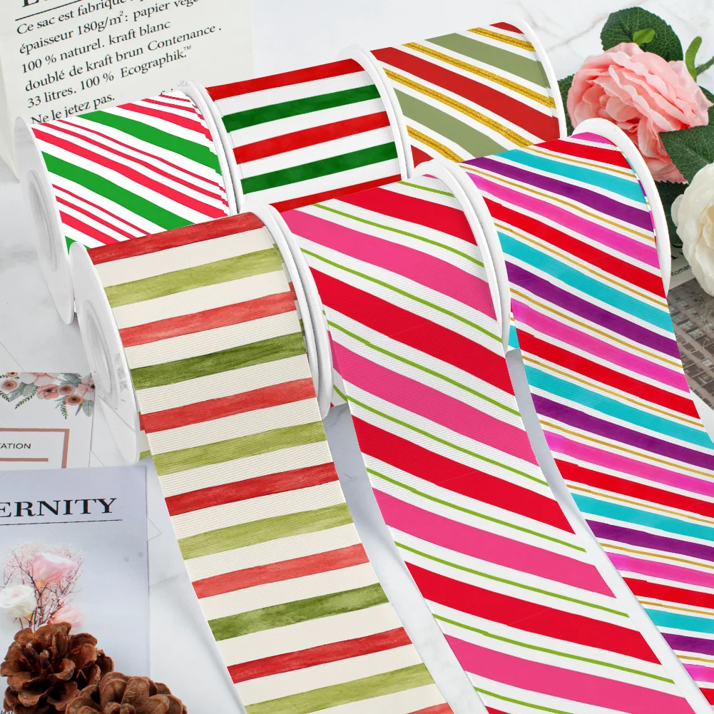 50yards Christmas Stripe Cartoon Holiday Printed Grosgrain Satin Ribbon for Gift Wrapping Hair Bow Craft Accessory