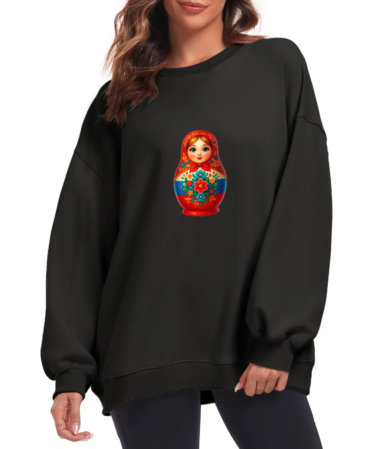 Moletom feminino com gola redonda veludo inverno casual ‌ Matryoshka ‌   Boneca estampada padrão pulôveres roupas femininas camisetas casuais tops