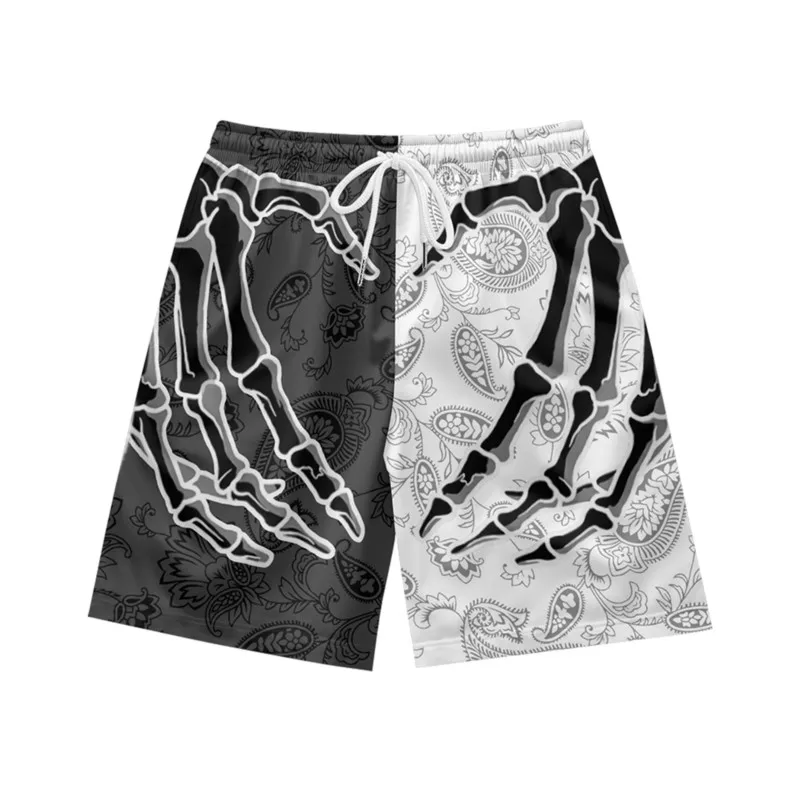 Finger Skeleton Heart Pattern Black and White Casual Fashion Loose Trendy Summer Men's Drawstring Beach Sports Shorts