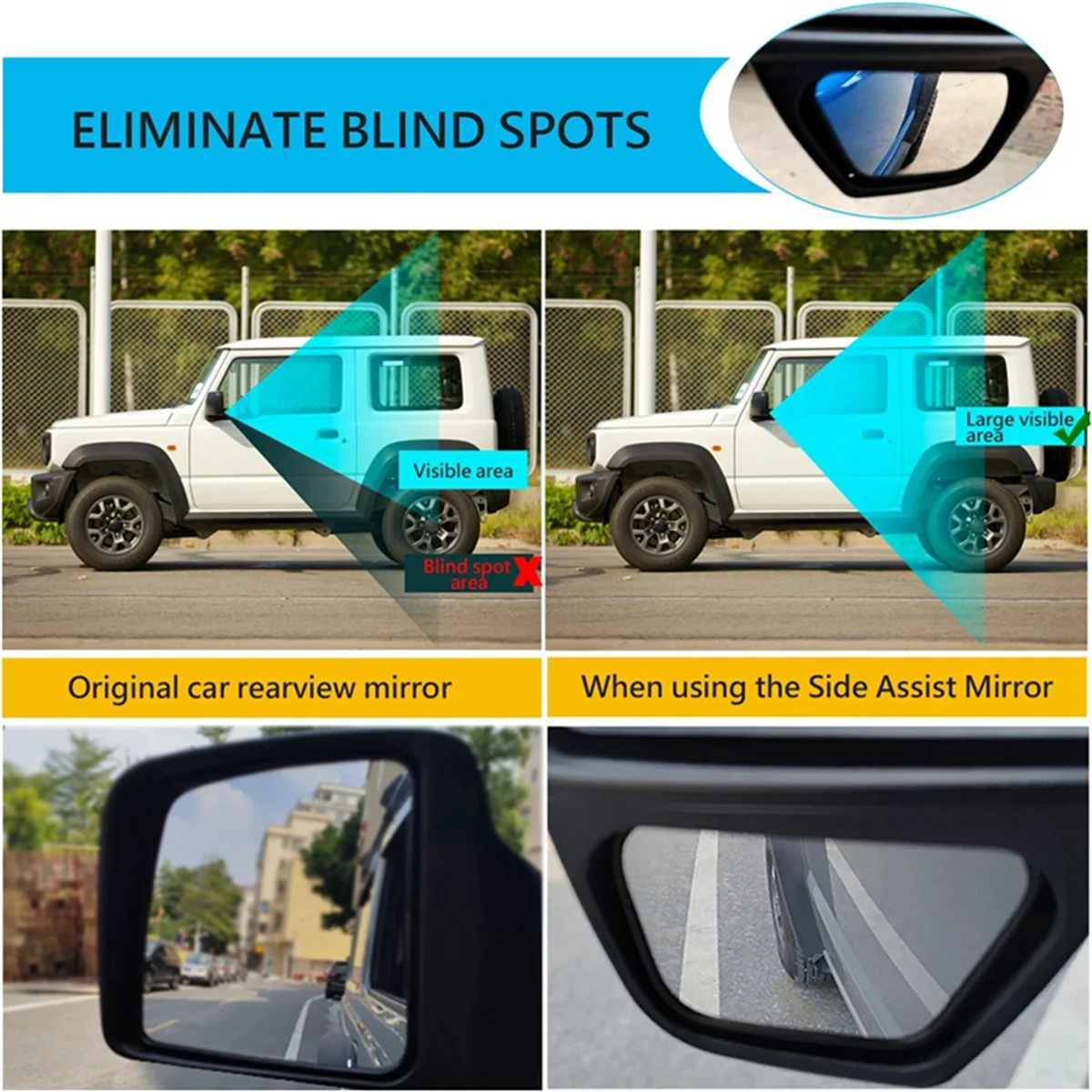 Espelho retrovisor para Suzuki Jimny, assistência de ponto cego, grande angular, convexo, JB64, JB74W, 2019-2021