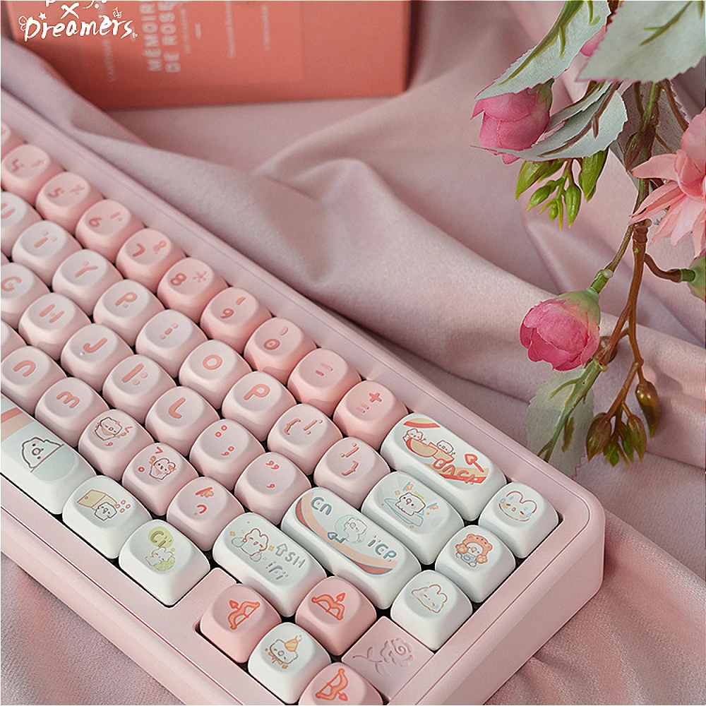 Teclado mecânico sublimado personalizado, linda aliança Keycap, Moa PBT, rosa DIY, desenhos animados brancos Keycaps, 145-chaves