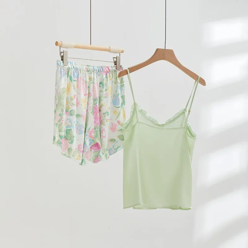 Summer Women\'s Clothing Satin Mint Green Printing Suspender Shorts Pajamas for Women Viscose Floral Sexy Sleepwear 2 Piece Set