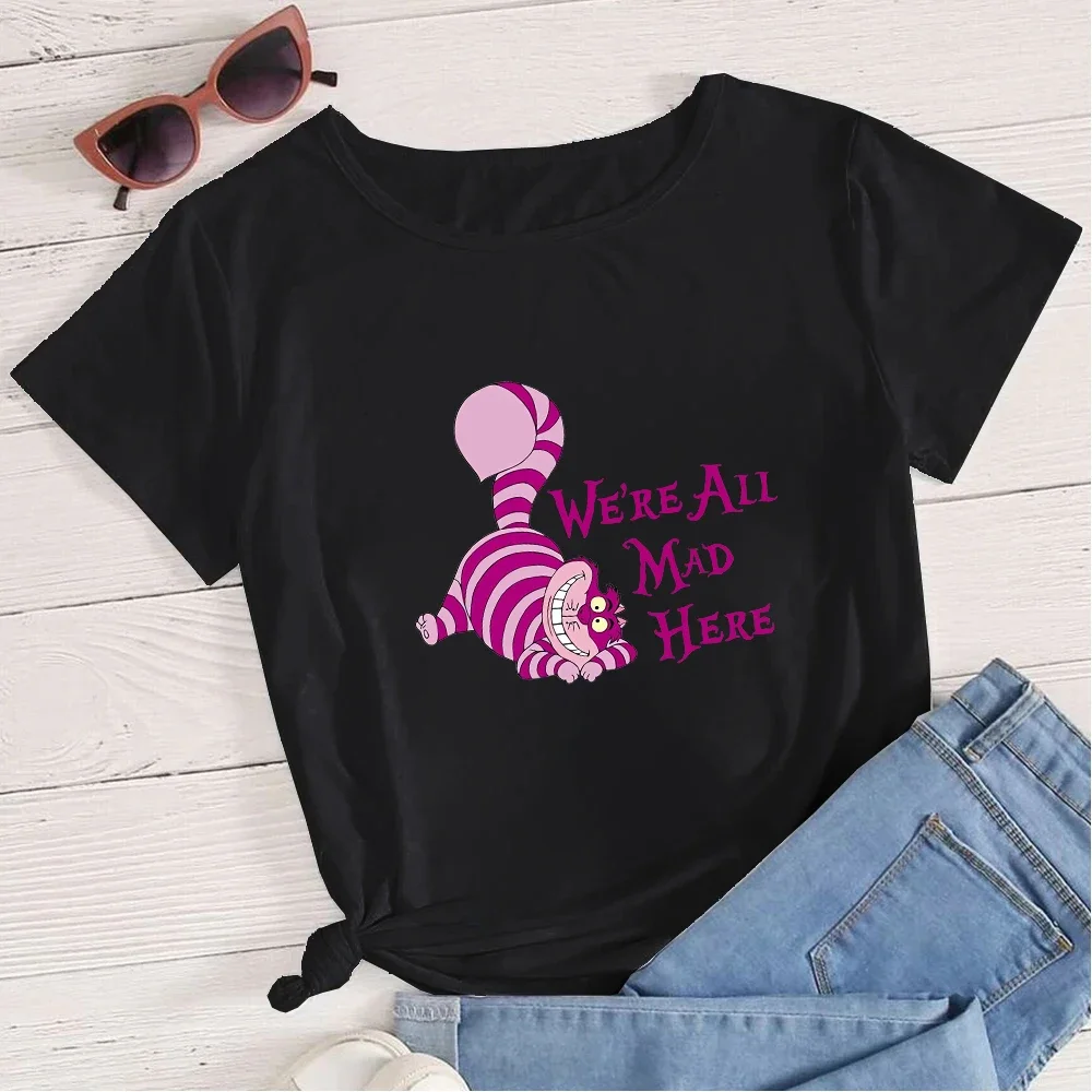 

Women T-shirt Disney Classic Cheshire Cat Print Black Summer Tops Y2k Fashion T Shirt We're All Mad Here Disneyland Trip Clothes