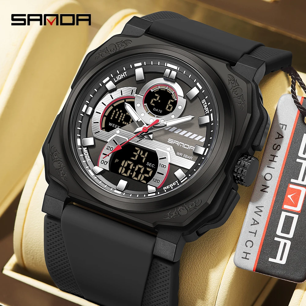 

SANDA Men's Quartz Electronic Watch Multi functional Waterproof Night Light Student Watch Fashion Square Sports Watch 3356