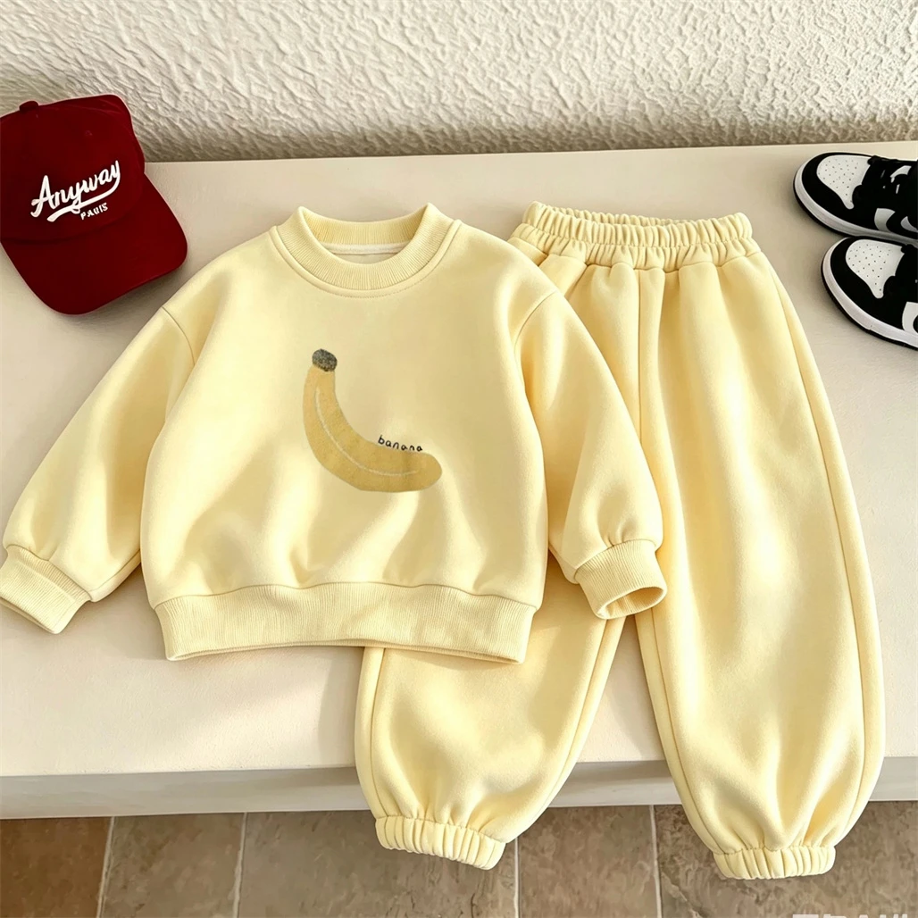 Banana Apple Print Hoodie Two Piece Set For Boys And Girls Round Neck Pullovers Casual Fashion Autumn Costume Toddler New Wear