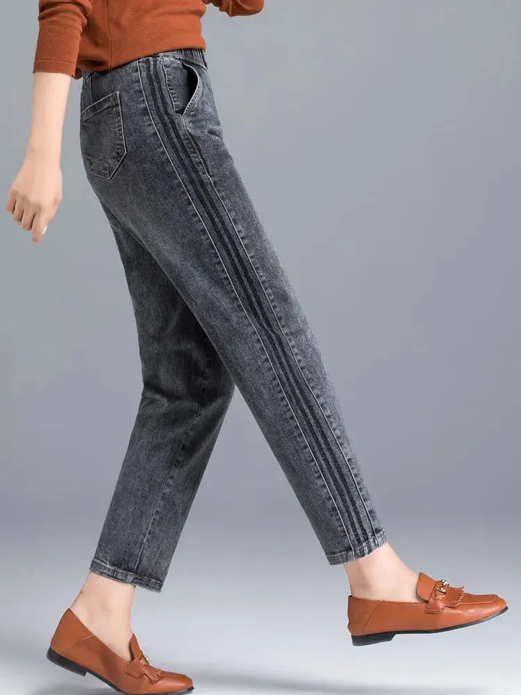 Spring Summer Oversize 80kg Ankle Length Harem Jeans High Waist Stripe Denim Pants Baggy Blue Woman Casual Spodnie New Trouser