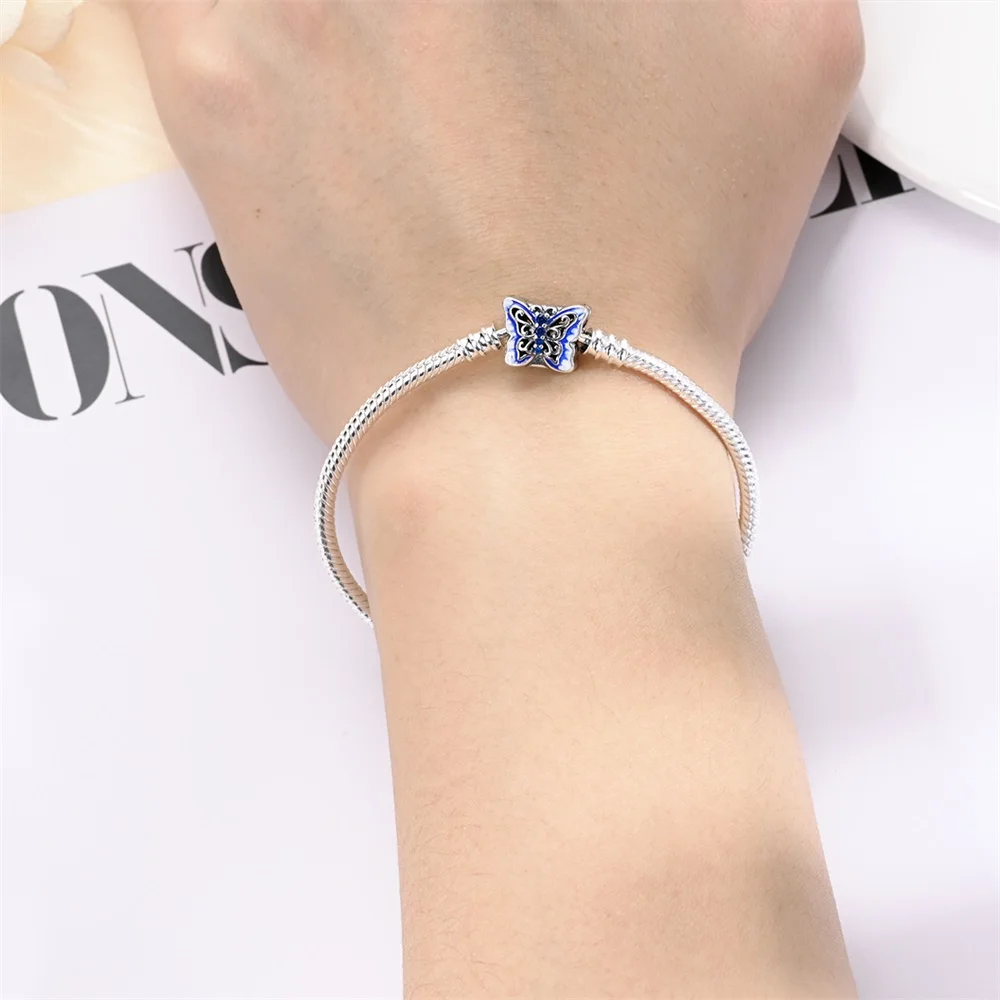 2024 New 925 Sterling Silver Blue White Butterfly Open and Close Bracelet Women's Garden Play Jewelry Accessories