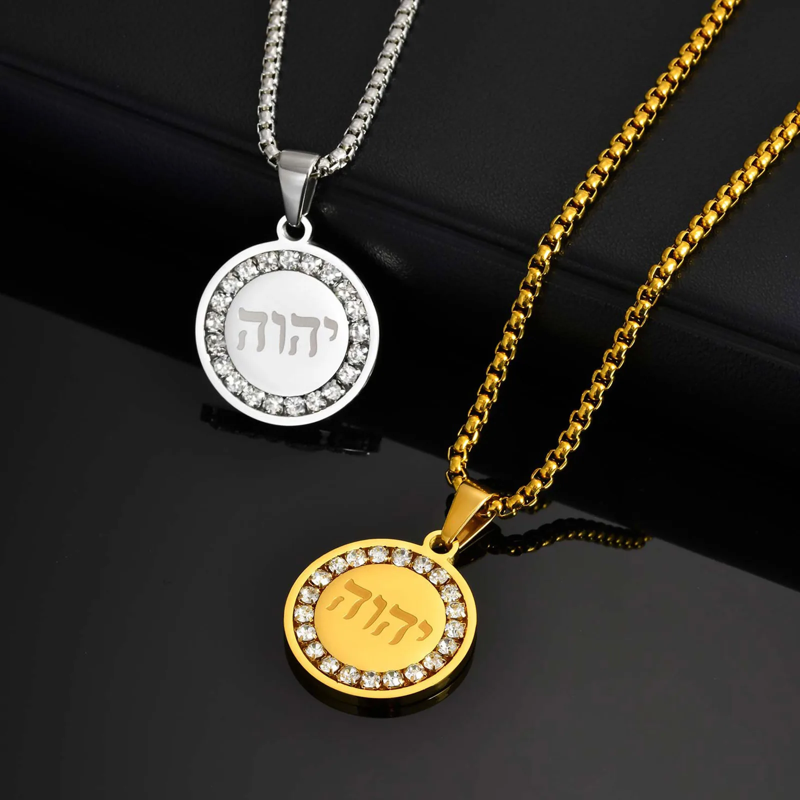 Men's Hebrew Round Necklace with Zircon,Non Fade Stainless Steel Pendant Necklace,Hebrew Jewelry Gifts