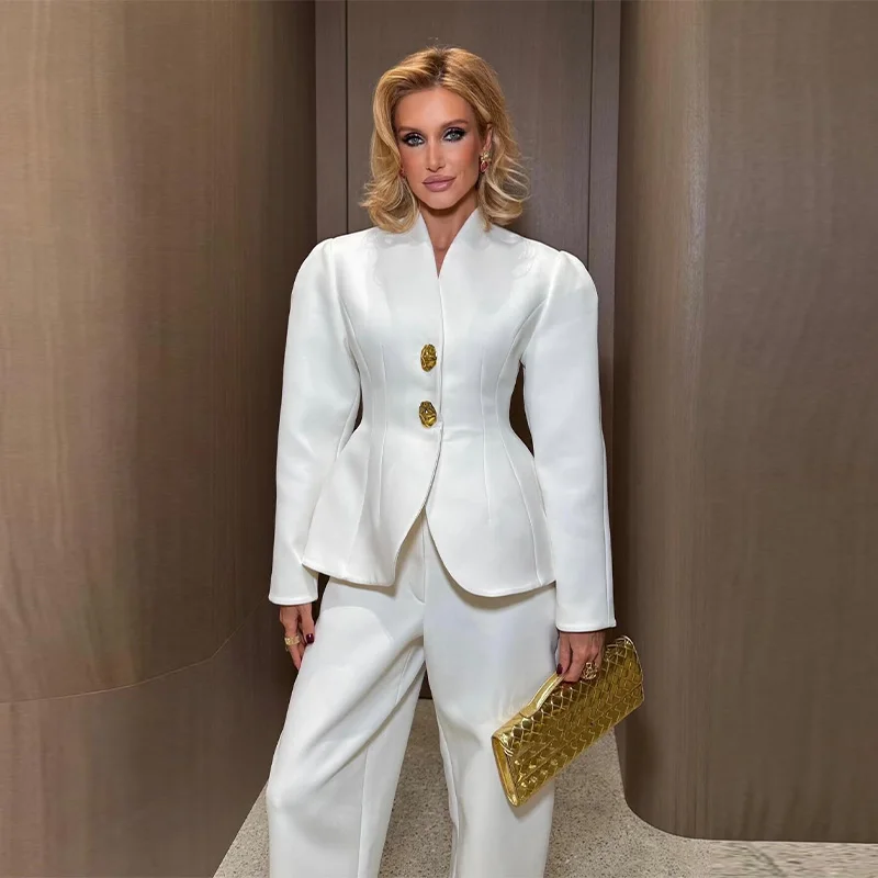 Elegante Anzug Jacke Hosen Set Frauen Schlank V-ausschnitt Puff Sleeve One Button Blazer Solide Gerade Hose 2025, Dame Büro Outfit – Detail 3