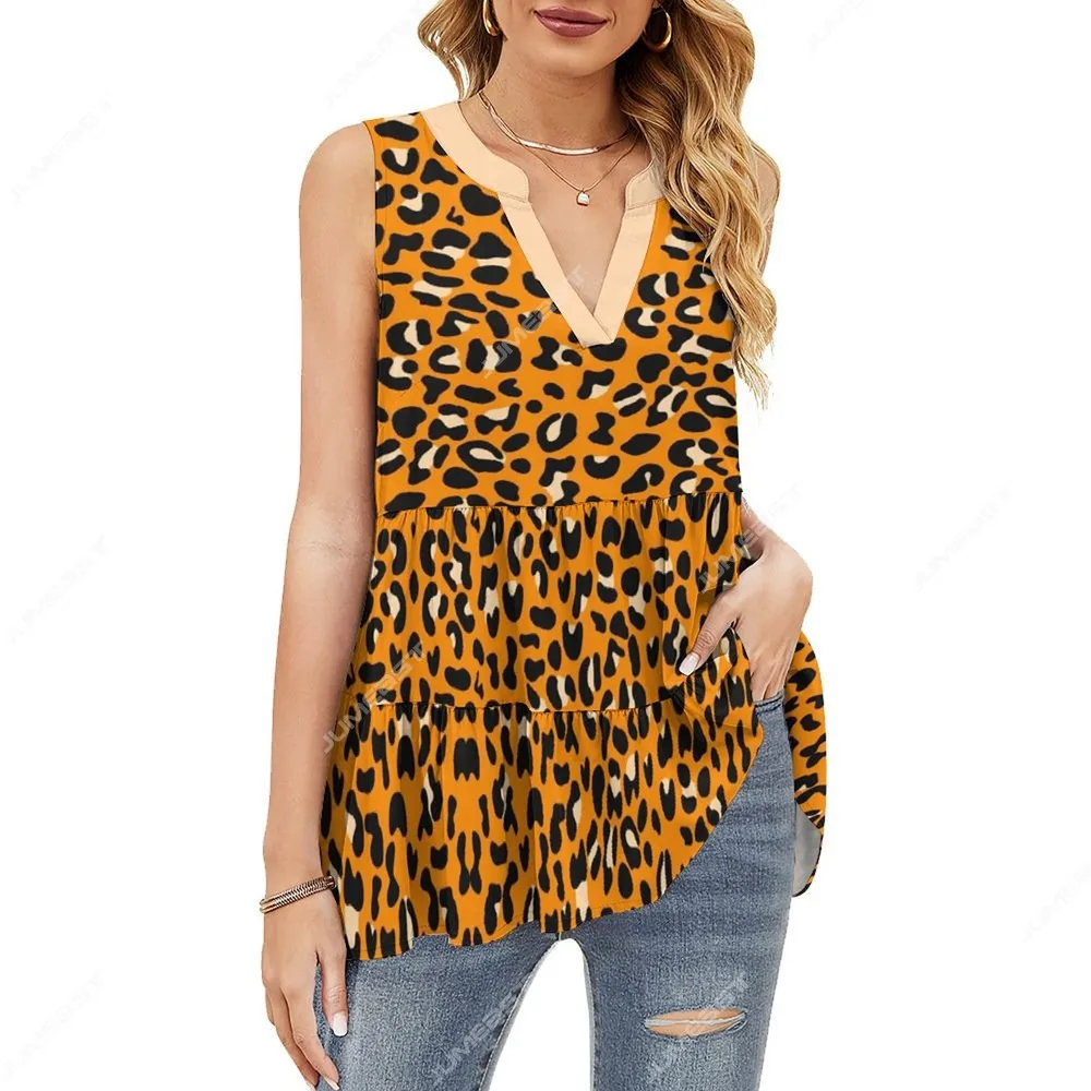 

Jumeast 3D Leopard Printed Women T-shirts Pleated Sleeveless Rose Graphic T Shirts Ruffle Cottagecore Aesthetic Clothes T-shirty