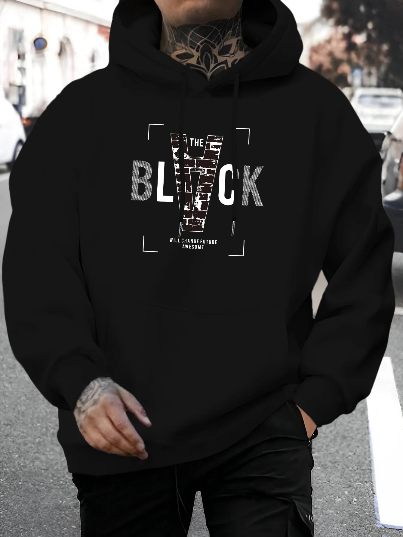 Men's New Personalized Black Letter Printing Casual Sweater Fashion Drawstring Hoodie Autumn and Winter Top Comfortable Versatile Long-sleeved Hooded Sweater [Niuwang Selection]