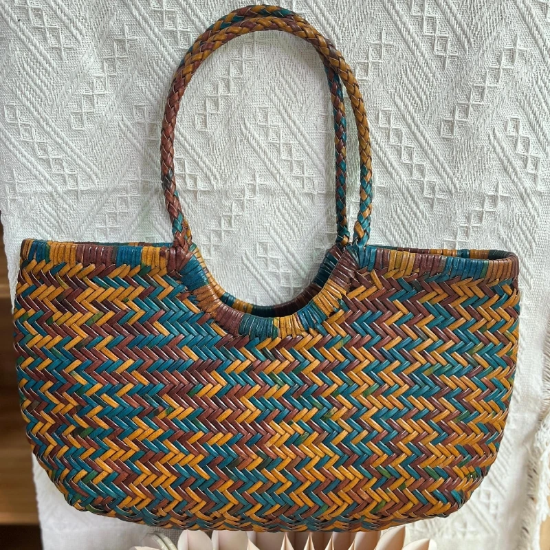 

Luxury Designer Genuine Leather Cowhide Hand-woven Tote Bag High Quality Vintage Women's Vacation Travel Beach Shoulder Bag