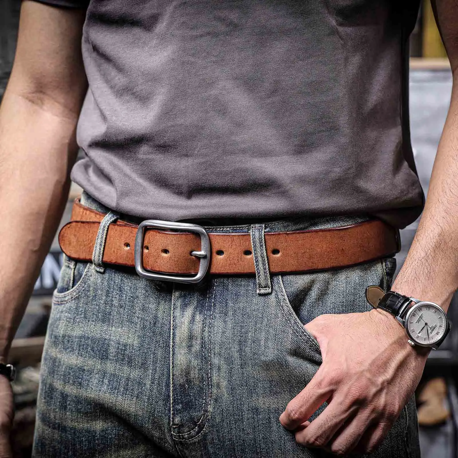 Vintage Echt leder Herren Rindsleder Gürtel Edelstahl Schnalle italienisches verdicktes Leder mit Geschenk box, ideale Wahl für Geschenk – Detail 5