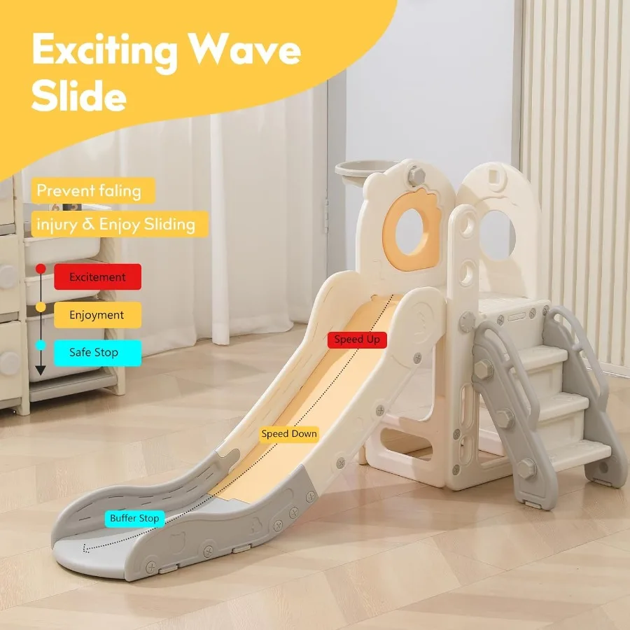 Freestanding Toddler Slide 5 in 1 Indoor Playset for Toddlers 13 L Shaped Slide with Basketball Hoop Baby Climber for Indoor Ou