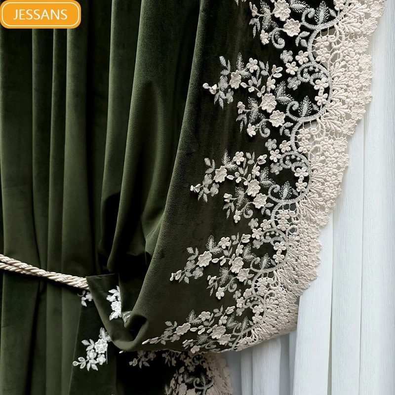 Dark Green Retro Lace Embroidery Velvet Thickened Curtains for Living Room Bedroom French Window Balcony Villa Customization