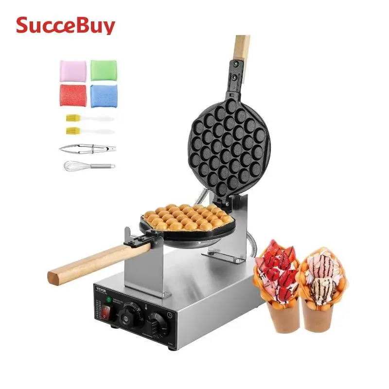 SucceBuy Kommerzielles Eierblasen-Waffeleisen, 1400 W, antihaftbeschichteter Seifenblasen-Puff aus Edelstahl mit 180 ° Drehbare 2-Pfannen und Holzgriffe