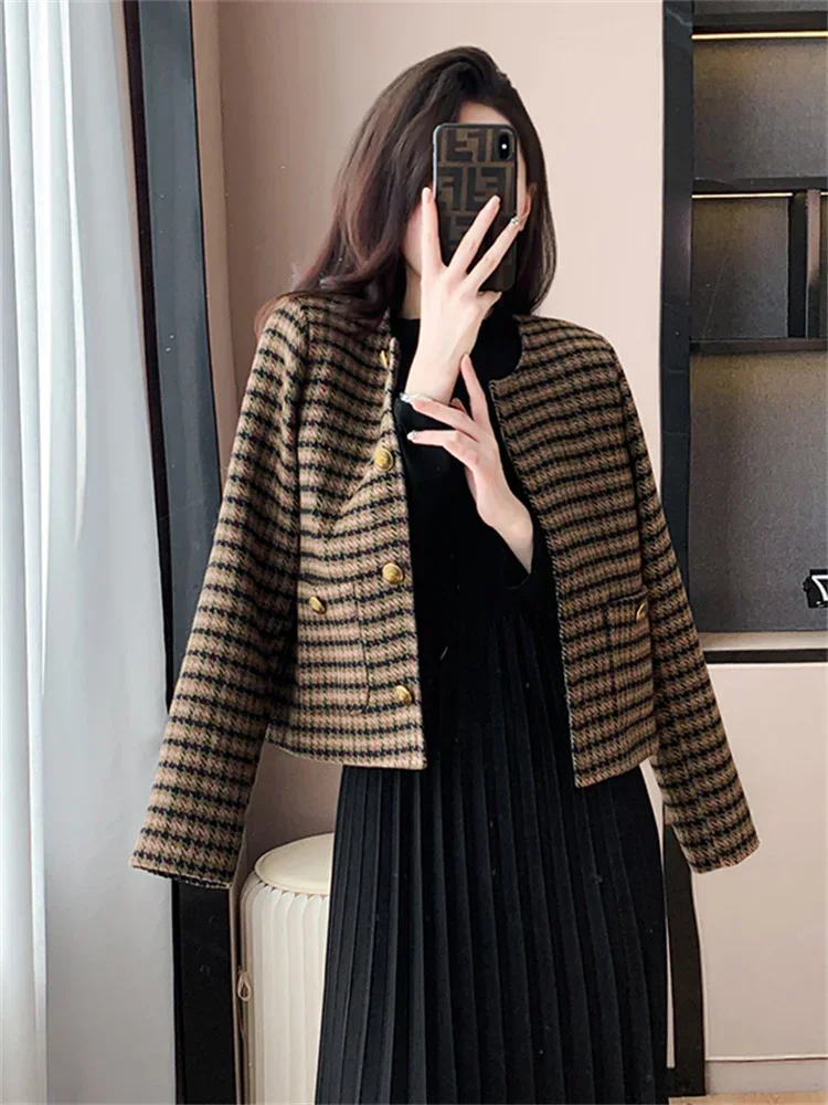 New Elegant Plaid Tweed Jacket Women Vintage Small Fragrant O-neck Long Sleeve Woolen Coat Fashion Office Lady Outwear Clothing