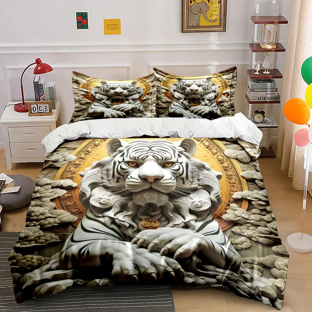 Majestic White Tiger Art Sculpture Bedding Set for Kids Luxury Gift 3pcs Digital Print Comforter Set Soft Comfortable