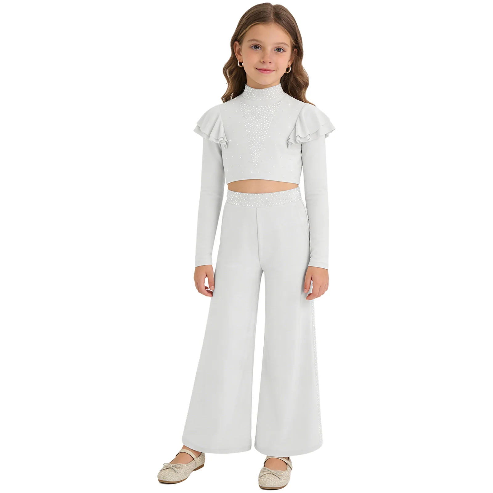 

Детский костюм для выступлений в стиле хип-хоп и джаз для девочек: блестящий топ с длинными рукавами и широкие брюки из вельвета с стразами