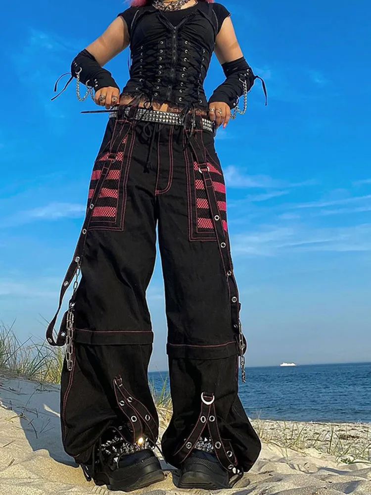 Gothic Chain Bandage Wide Leg Pants Women Oversize Low Rise Dark Academia Trousers Streetwear 90s Baggy Pant Punk Style