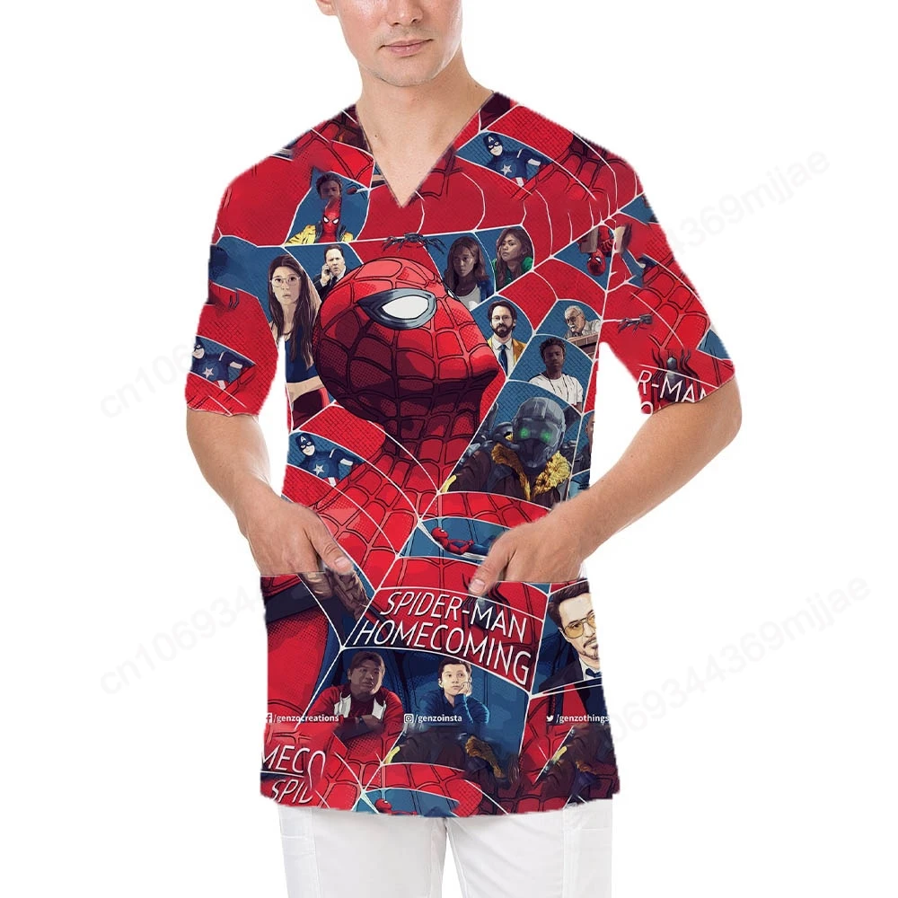 2024 Summer New Casual and Comfortable  Men's T-shirt Marvel Printed Pattern Men's Nurse Uniform V-neck Double Pocket Dsign