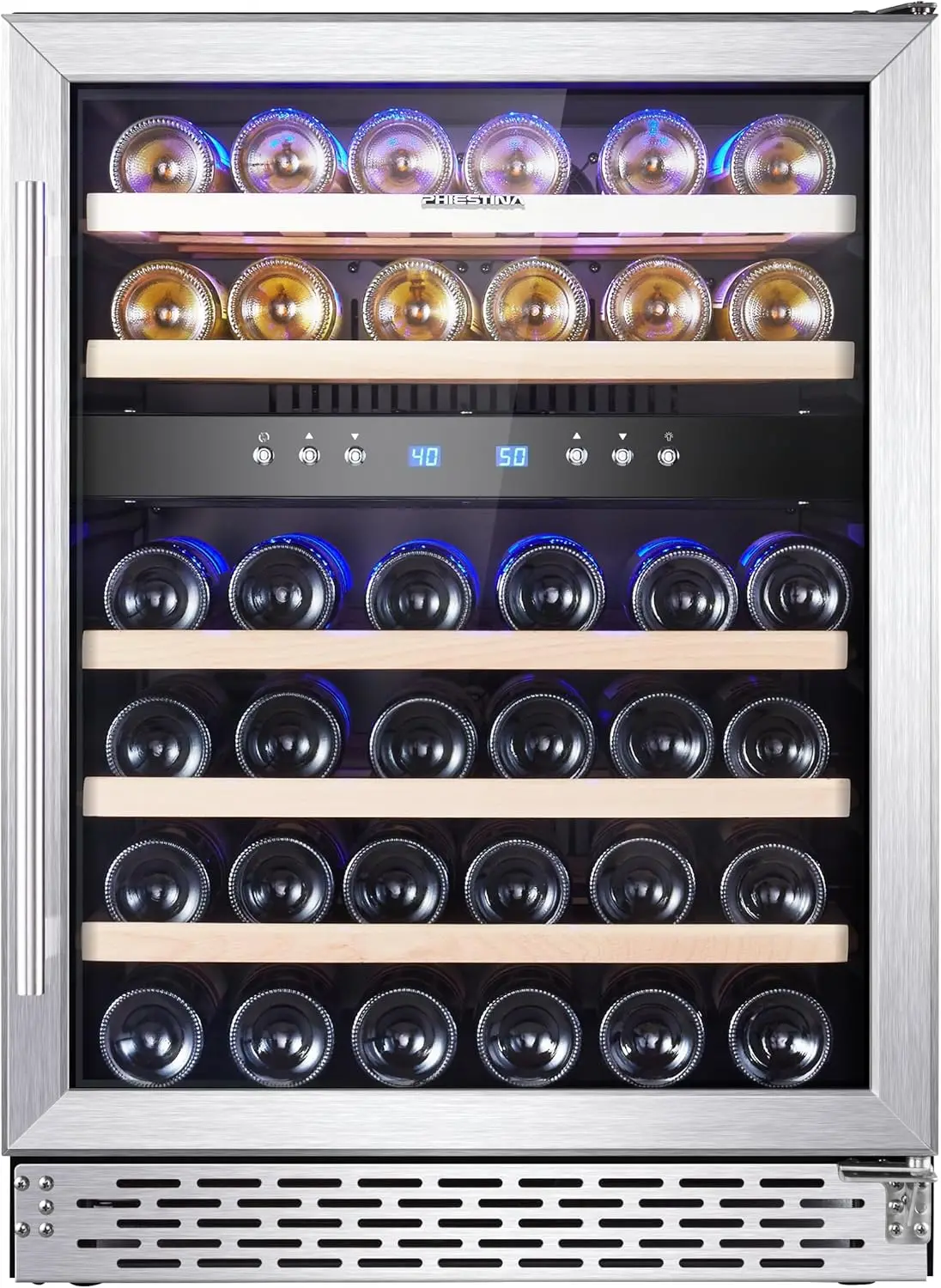 24 inch-46 Bottles Wine Cooler, Built-in Wine Fridge Under Counter or Freestanding Dual Zones