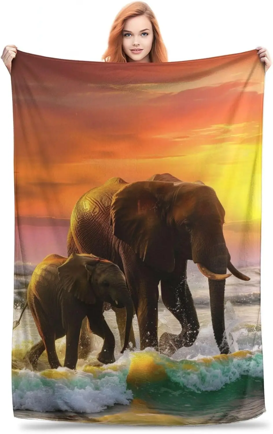 Elephant Blanket - Sunset Shoreline Embrace, Soft and Cozy Flannel Throw, Warm Lightweight Fuzzy Blankets for Couch, Bed