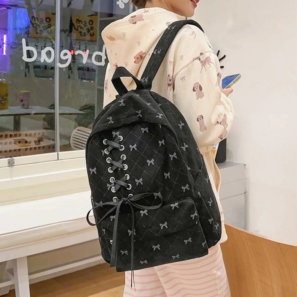 

Daypack Corduroy Bow Backpack Silk Design Contrast Color Students School Bag Casual Scratch Prevention Large Capacity Backpack