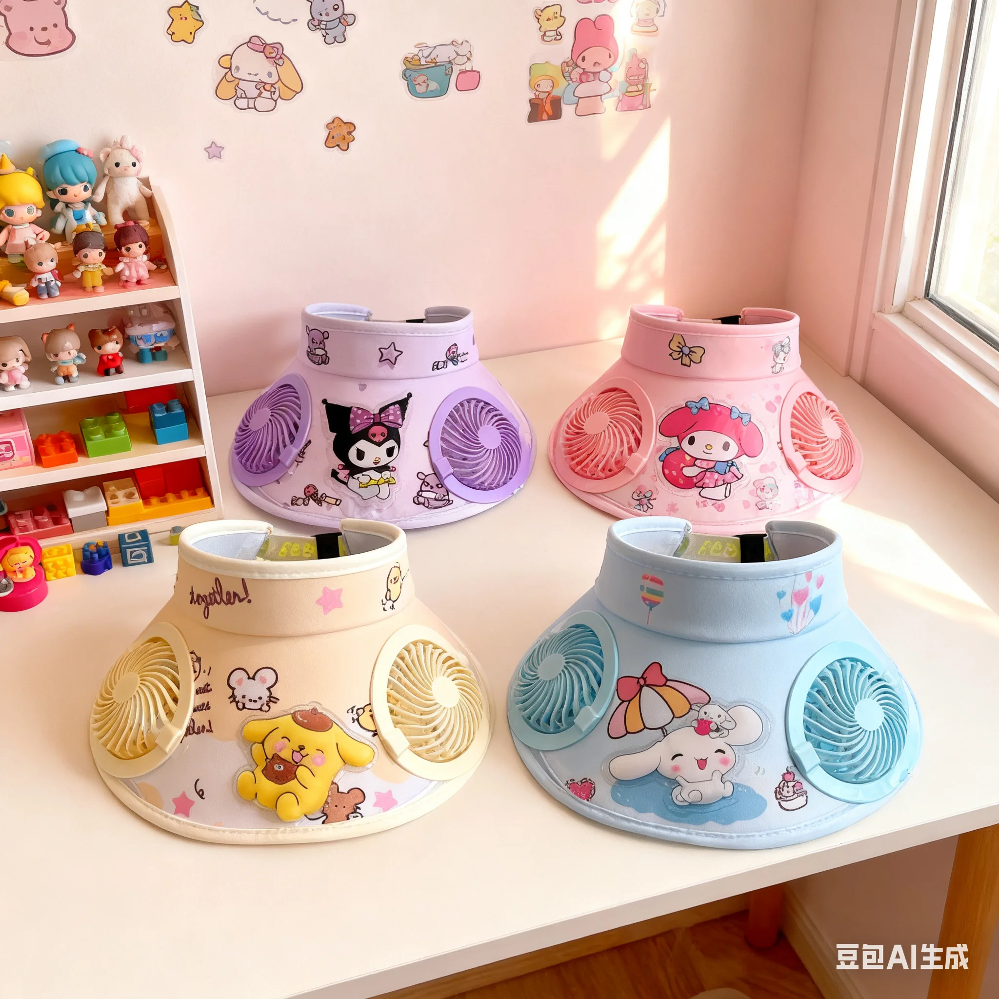 

Два тысячи и двадцать пять новых Sanrios Hello Kitty Kuromi с двойным вентилятором, солнцезащитная шляпа, солнцезащитная шляпа, милая перезаряжаемая праздничная шляпа