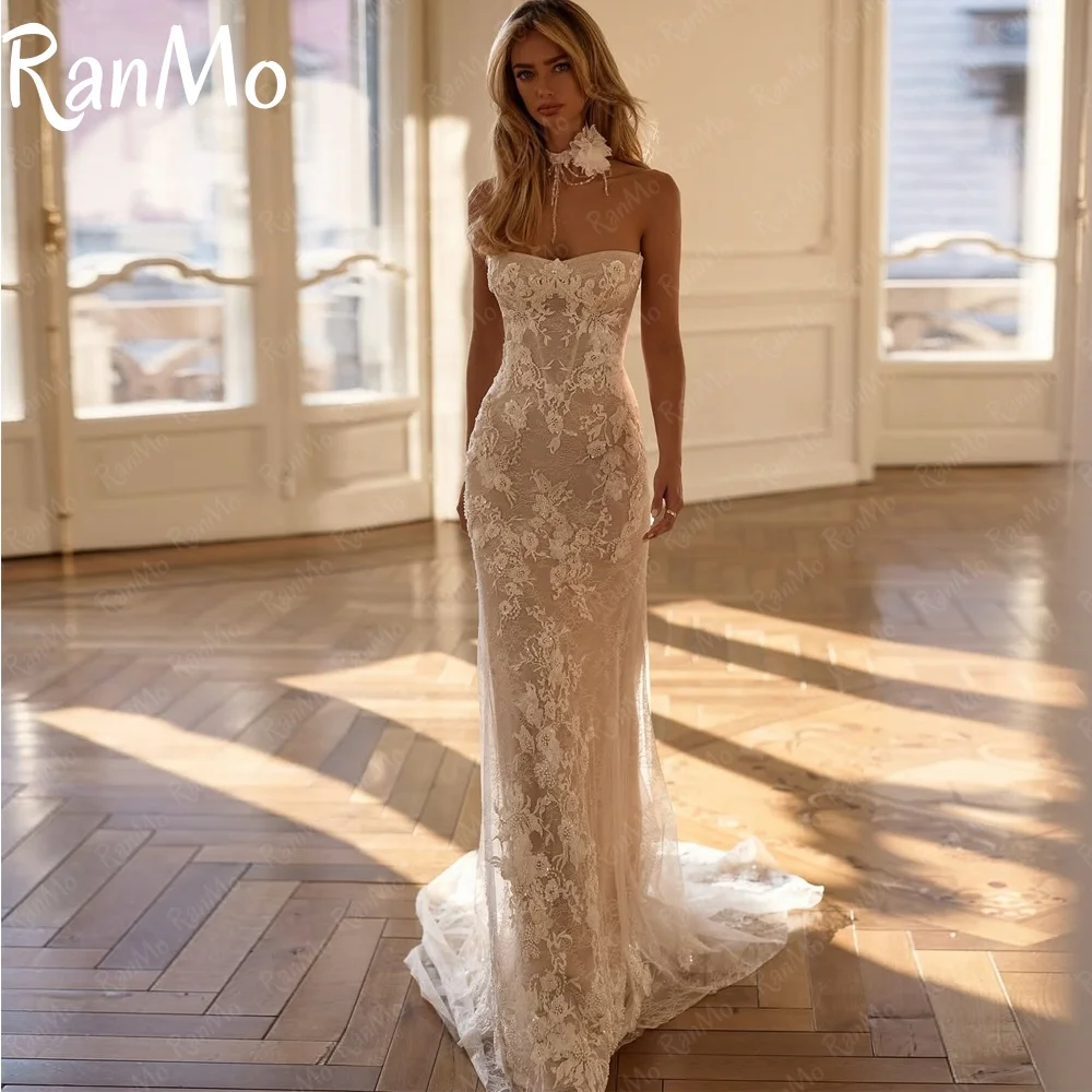 

Ranmo 2025 New Exquisite Mermaid White Wedding Dress Tulle Sleeveless Bridal Gown Lace Court Train Customized Vestidos De Novia
