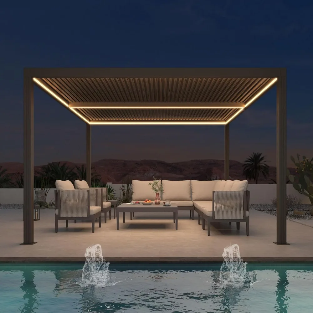 Outdoor 12'x12'Louvered Pergola with Integrated LED Strip Lights Adjustable Aluminum Canopy Retractable Metal Roof for Sun Shade