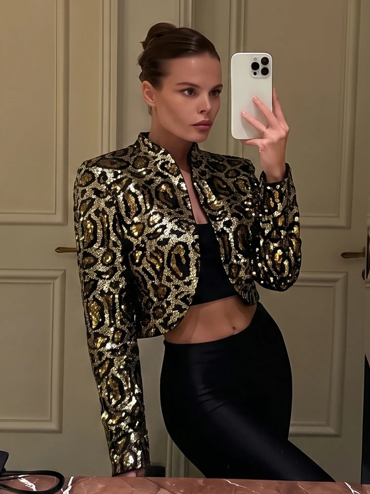Weird Puss Leopardenmuster-Paillettenjacke für Damen, modisch, einreihig, lange Ärmel, Herbsttrend, Hottie Street Party Crop-Übermantel – Detail 15
