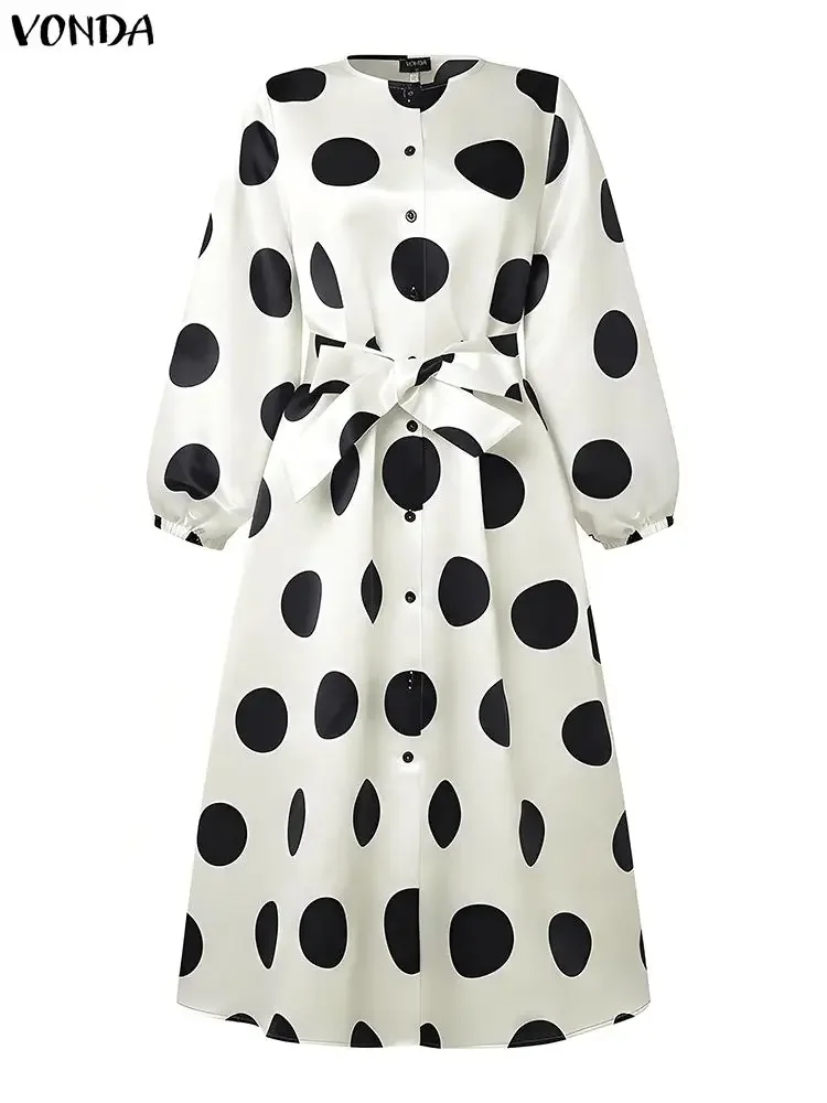 Plus Size 5XL VONDA Bohemian Women Polka Dot Abito lungo femminile Manica lunga a lanterna Stampa Party Robe Con cintura Casual Allentato Vestido